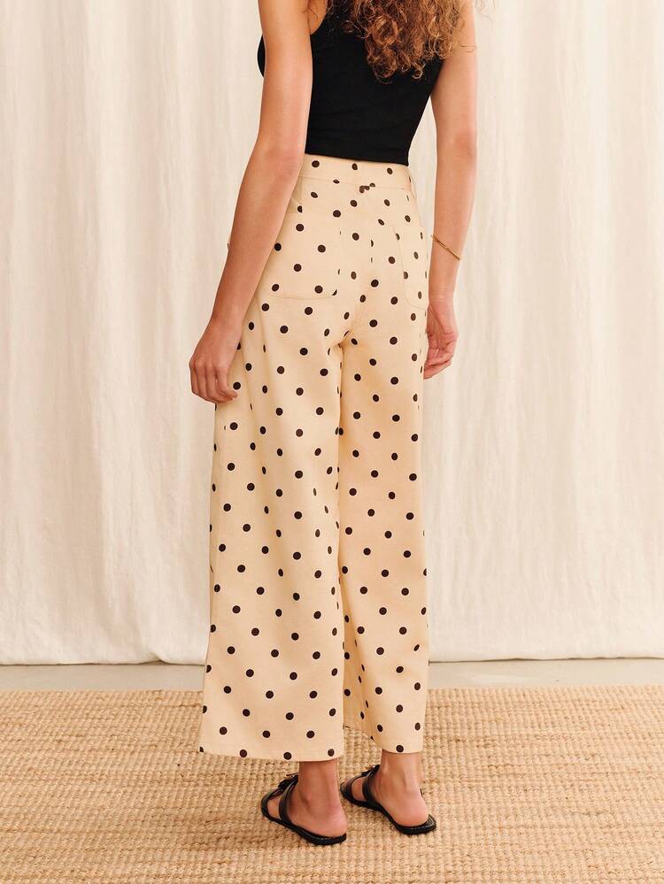 Cream Polka Dot Ankle Lenghth Wide-Leg Pants Summer Cute Pants Holiday Work French Style