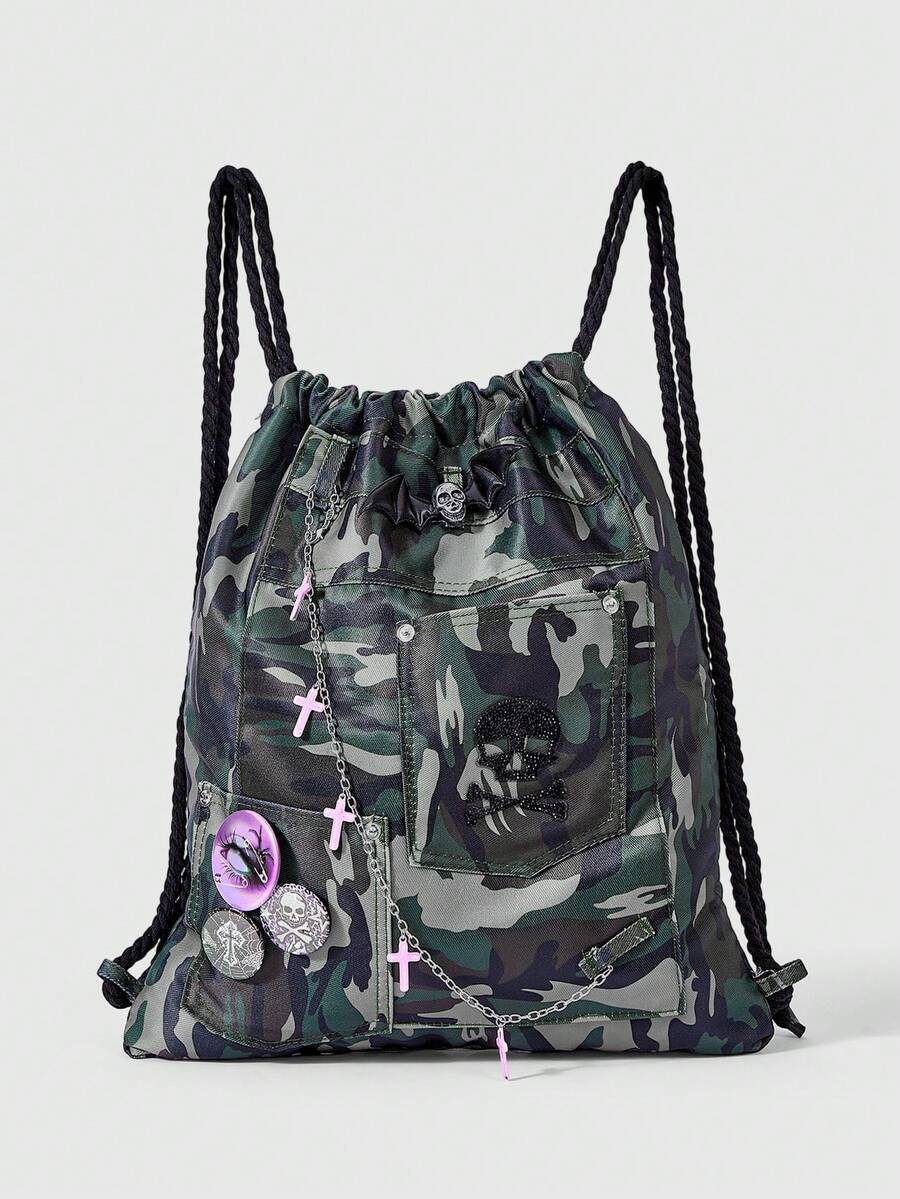 ROMWE Grunge Punk 1Pc Desert Punk Camouflage Drawstring Backpack, Multi-Pocket Goth Skull And Pink Cross Chain Decorative Bundle Bag, Fashionable And Versatile, Unisex, Suitable For Street Style, Commuting, Socializing, Shopping - camouflage - View 1