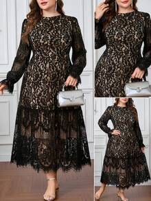 Reflora Plus Size Women Elegant French Lace Patchwork Sheer Evening Dress Fall - Black - View 9