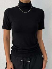 DAZY High Neck Solid Tee Summer,Business Casual Women Preppy Tops - Black - View 9