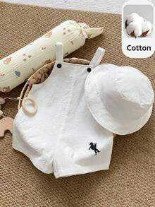PrepCrw 2pcs Unisex Newborn Baby Boy/Girl Casual Versatile White Romper With Bib Overalls And Sun Hat Set, Suitable For Spring/Summer Daily Outings - White - View 3