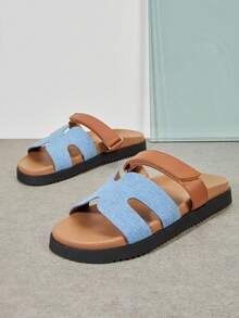 SHUZIA All-Time Bestseller Women's Luxury-Inspired Hook And Loop Strap Cutout Round Toe Soft Footbed Flatform PU Tan Denim Slide Sandals – Comfort & Versatile Valentine's Day - Blue - View 3