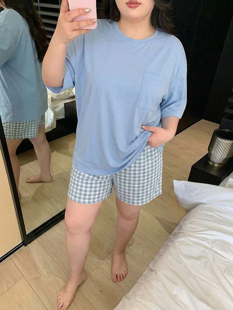Dazy Plus 2pcs Casual Homewear Set, Solid Color Round Neck Short Sleeve Top And Plaid Long Loose Pajama Pants, Plus Size Women Spring/Summer Sleepwear