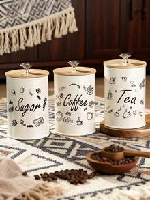 This 3 Pieces Set Of Iron Coffee Storage Containers, Tea And Coffee Bean Storage Containers, Kitchen Food Seasoning Storage Boxes/Jars, With Airtight Lids, Moisture-Proof, Suitable For Storing Coffee Beans, Tea, Salt, Sugar And Grains In The Kitchen. - Apricot - View 3