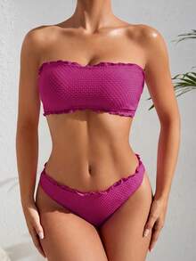 SHEIN Swim 女款夏季度假海灘純色紋理荷葉邊飾抹胸比基尼套裝 - 酒紅色 - 查看 3