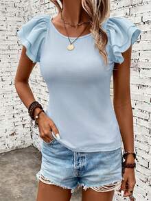 SHEIN Clasi Women's Textured Ruffle Cuff Versatile Vacation T-Shirt - Blue - View 3