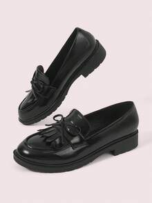 CUCCOO DOLLMOD Women's Tassel Bow Loafer Round Toe Chunky Heel Preppy Office  Black Loafers Commute Daily Shoes - Black - View 5