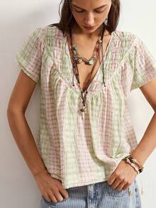 Bohemela Casual Boho Woven Plaid Women's Shirt Vacation Pink And White Striped Summer - Multicolor - View 5