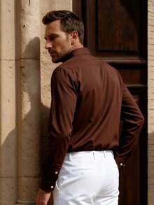 Officeau Men's Dress Shirt Long Sleeve Button Up Shirt Solid Brown Shirt For Wedding Office Work Formal Party Old Money Style Gift For Father Boyfriend, Minimalist Shirts, For Fall, Men's Dress Shirt Spring To Summer - Coffee Brown - View 2