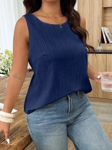 Weeklong Plus Size Women's Spring/Summer Sleeveless Textured Fabric 3D Lace Trim Decor Casual Vacation Shirt Vest - Navy Blue - View 6