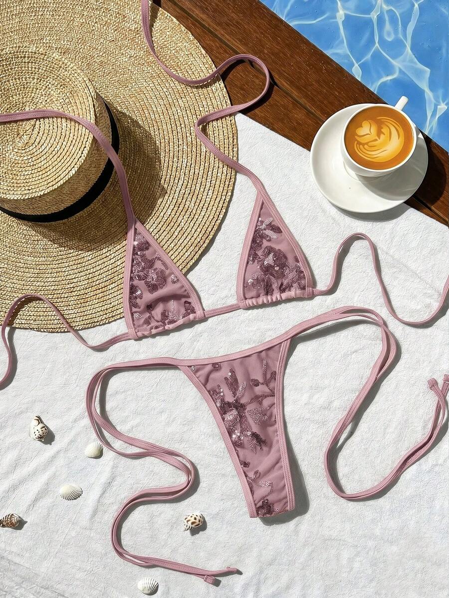 Swim Vcay 2pcs Spring/Summer Beach Vacation Textured Fabric Halter Triangle Bikini Top And Side Tie Thong Bottom Sexy Bikini Set - Pink - View 1