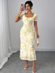 SHEIN Clasi Women's Spring/Summer Elegant Romantic Butter Yellow Floral Square Neck Waist-Defining Ruched Short Sleeve Slimming Mesh Plus Size Dress Brunch - Multicolor - View 4