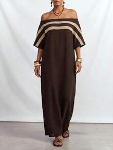 Zivah Summer New Music Festival, Easter, Business Casual, Color Block Striped Off-Shoulder Batwing Sleeve Dress - Dark Brown - View 8