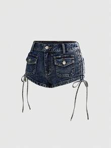 ROMWE Grunge Punk 女款 Y2K 休閒街頭風夏季側抽繩抓皺設計水洗深藍牛仔短褲 性感彈性熱褲 適合海灘與夜店 - 藍色 - 查看 5