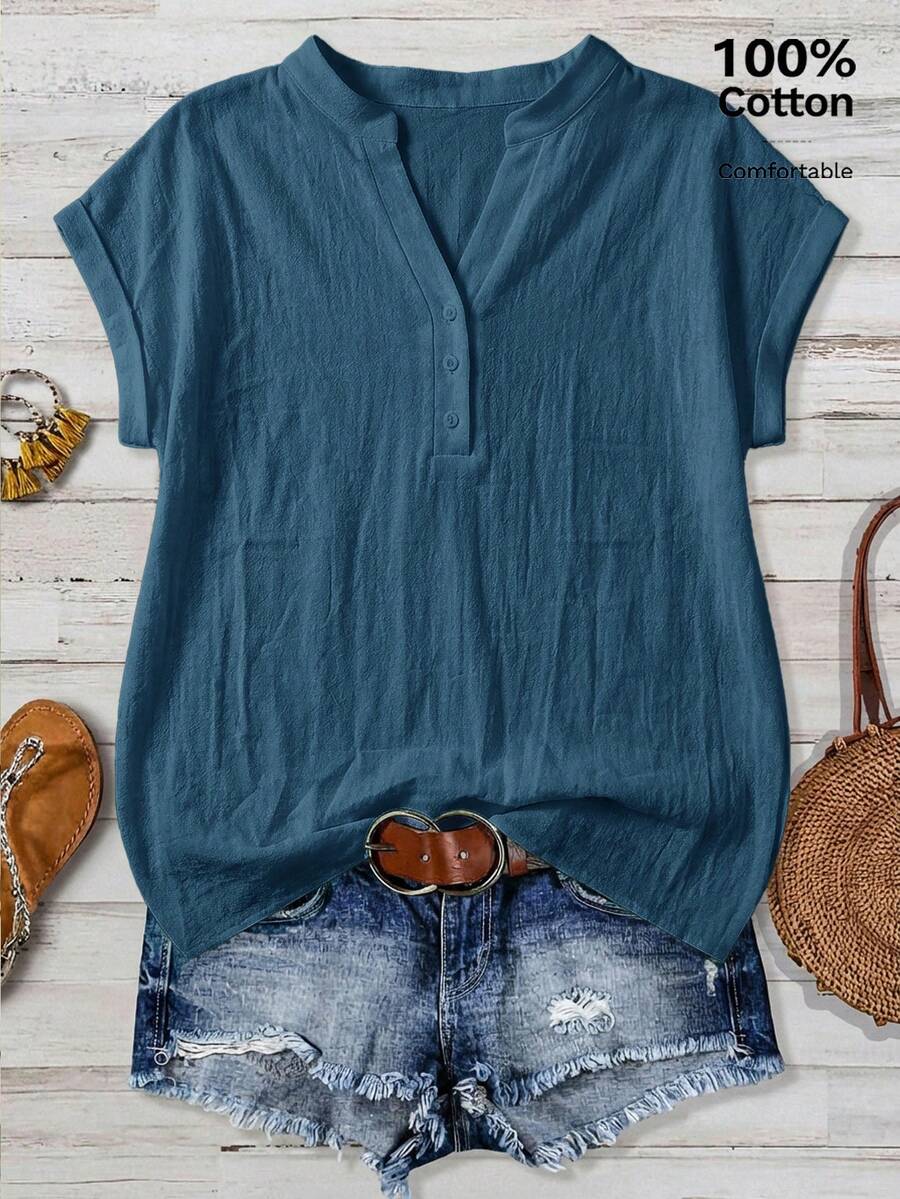 EMERY ROSE Casual Minimalist Blue Women's Shirt Suitable For Summer - Dusty Blue - View 1