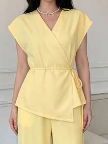 Celisse V-Neck Wrap Tie Waist Asymmetric Shoulder Top + Matching Elastic Waist Pocket Pleated Wide Leg Pants Women's 2 Pieces Set - Yellow - View 4