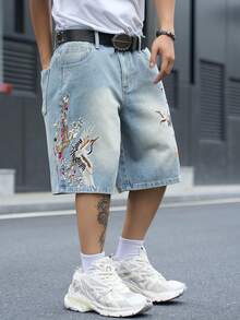 Manfinity EMRG 男士休閒街頭風刺繡藍色牛仔短褲 - 淺色水洗藍 - 查看 6