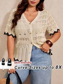 SHEIN CURVE+ 大尺碼女款對比色短袖單排扣針織開襟衫 - 卡其色 - 查看 8