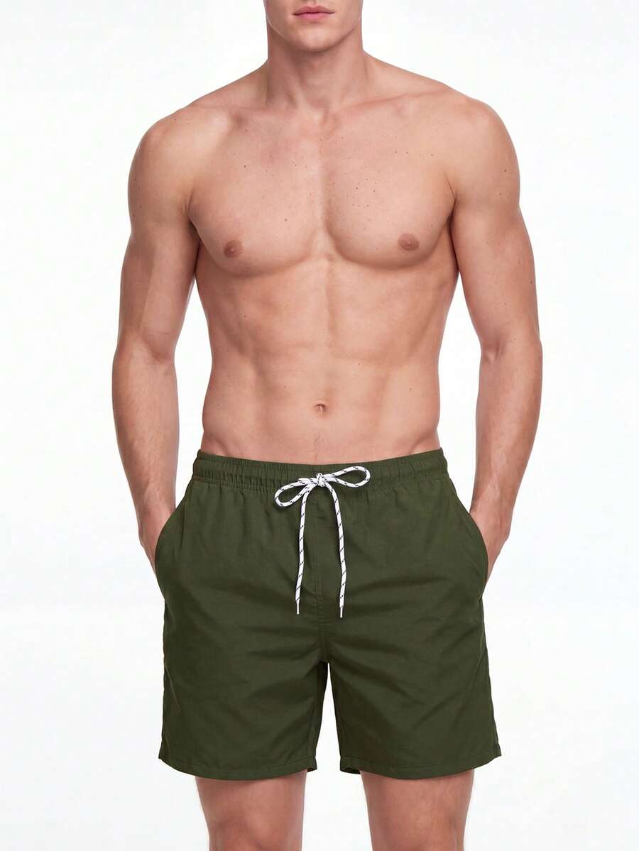 Manfinity KASUA 男士纯色口袋抽绳腰沙滩短裤 - 軍綠色 - 查看 1