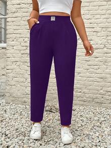 SHEIN PETITE CURVE 女款大尺碼純色高腰休閒長褲 - 紫色 - 查看 4