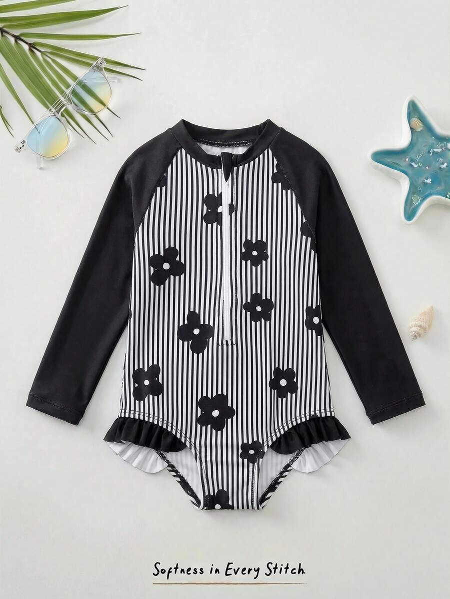Cozy Pixies Infant/Toddler (Girl) Summer Beach Vacation Floral Print Long Sleeve One-Piece Zipper Swimsuit - Multicolor - View 1