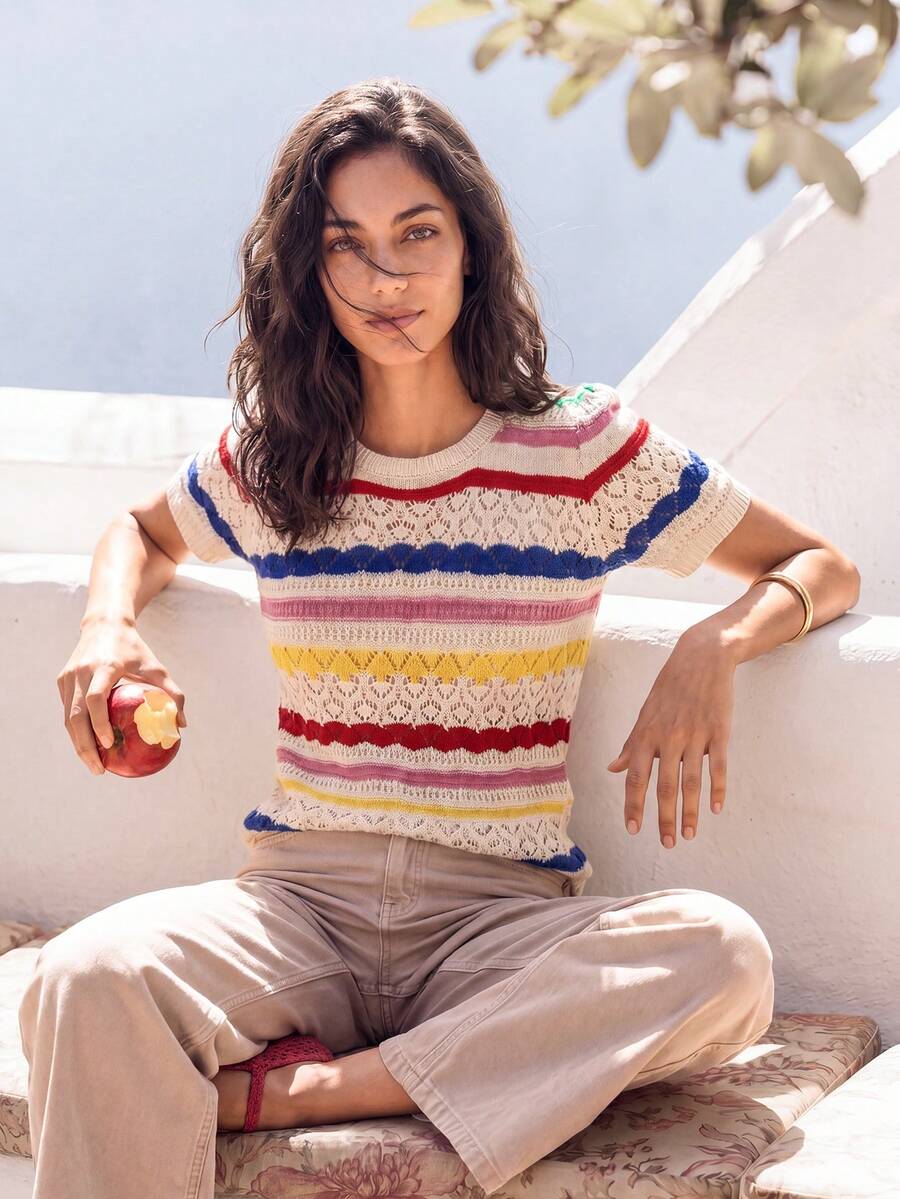 SHEIN Essnce 女款夏季休閒度假日常通勤配色條紋圖案網眼鏤空針織上衣 - 彩色 - 查看 1