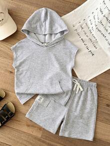 SHEIN 2pcs Kids Boys Casual Matching Outfit - Green Hoodie Top With Patch Loose Shorts, Soft Knit Fabric, Versatile For Outings, Home, School Family Vacation Summer - Grey - View 5