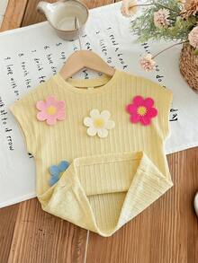 SHEIN LMoss Kids Camiseta de punto de unicolor con cuello redondo para niña joven - Amarillo - Ver 4