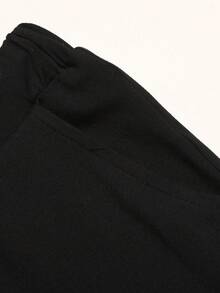SHEIN Tween女孩黑色羅紋針織不對稱單肩抓皺短版上衣與寬腿褲2件式休閒度假套裝 - 黑色 - 查看 5