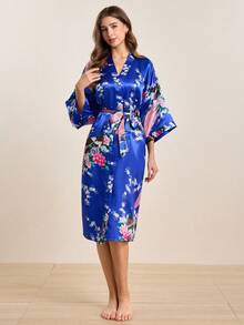Hourtrue 1 pieza Bata larga con estampado de pavo real - azul real - Ver 9