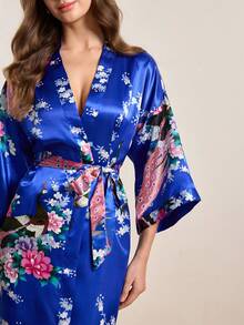 Hourtrue 1 pieza Bata larga con estampado de pavo real - azul real - Ver 10