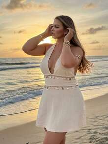 Auralis Deep V-Neck Plus Size Fitted Waist A-Line Bohemian Resort Mini Dress/Plus Size Dress/Backless - Apricot - View 2