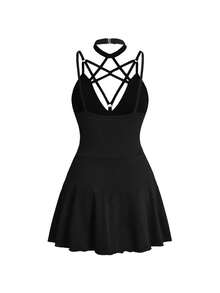ROMWE Women's Mid-Length Goth Dress With Pentagram Metal Lace-Up Hollow Chest Detail, Spring/Summer Hot Girl Music Festival Style - Black - View 2