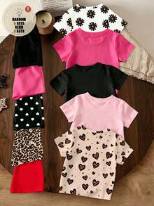 6pcs/Set Girls' Casual Retro Fashionable Graphic Tee And Shorts Sets,Heart,Bowknot,Leopard,Cherry,Polka Dot,Comfortable Summer School Daily Wear - Multicolor - View 2
