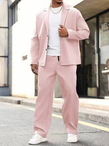 Manfinity CasualCool Plus Size Men's Solid Color Lapel NeckLong Sleeve Jacket And Pants Casual Suit - Pink - View 3