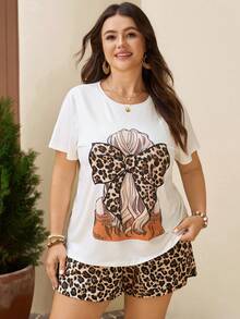 Comfylo Plus Size Vacation Casual Cute Character Print T-Shirt And Leopard Print Shorts 2 Pieces Set White Chocolate Brown Summer - Multicolor - View 3