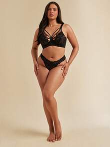 SHEIN BAE 1pc Plus Size Lace Contrast Mesh Underwire Bra - Black - View 3