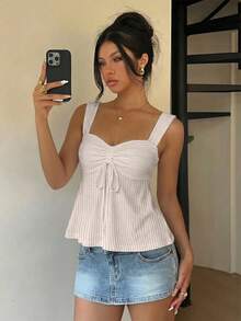 SHEIN 卡其色休闲女式抽绳吊带背心，户外上衣，度假风，可爱夏日上衣 - 卡其色 - 查看 5