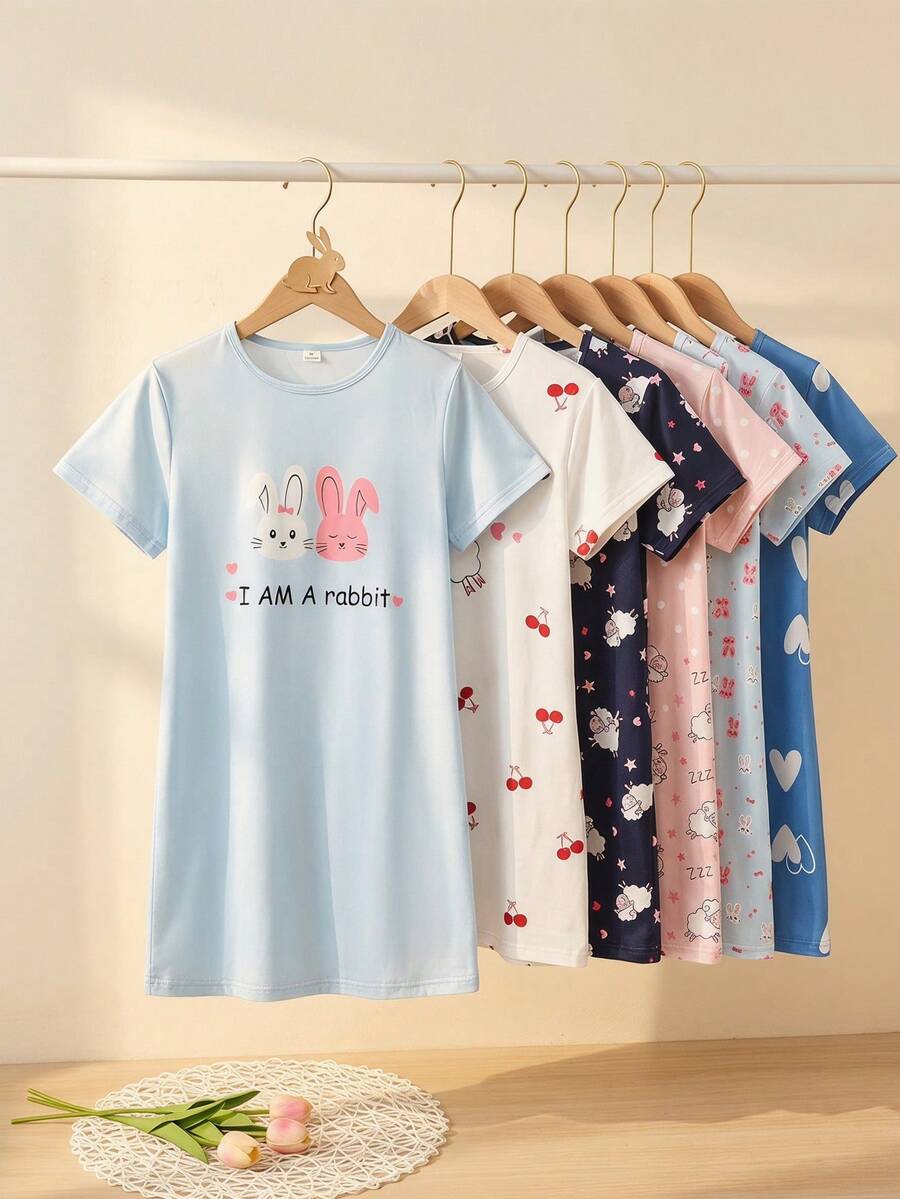女童可爱绵羊图案舒适两件套圆领短袖长款睡衣家居服 - 彩色 - 查看 1