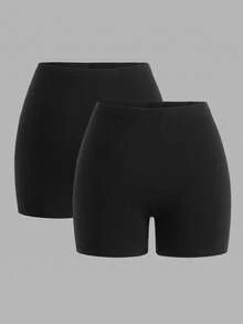 SHEIN EZwear 大码女式休闲运动日常通勤纯色高腰骑行短裤 - 黑色 - 查看 1