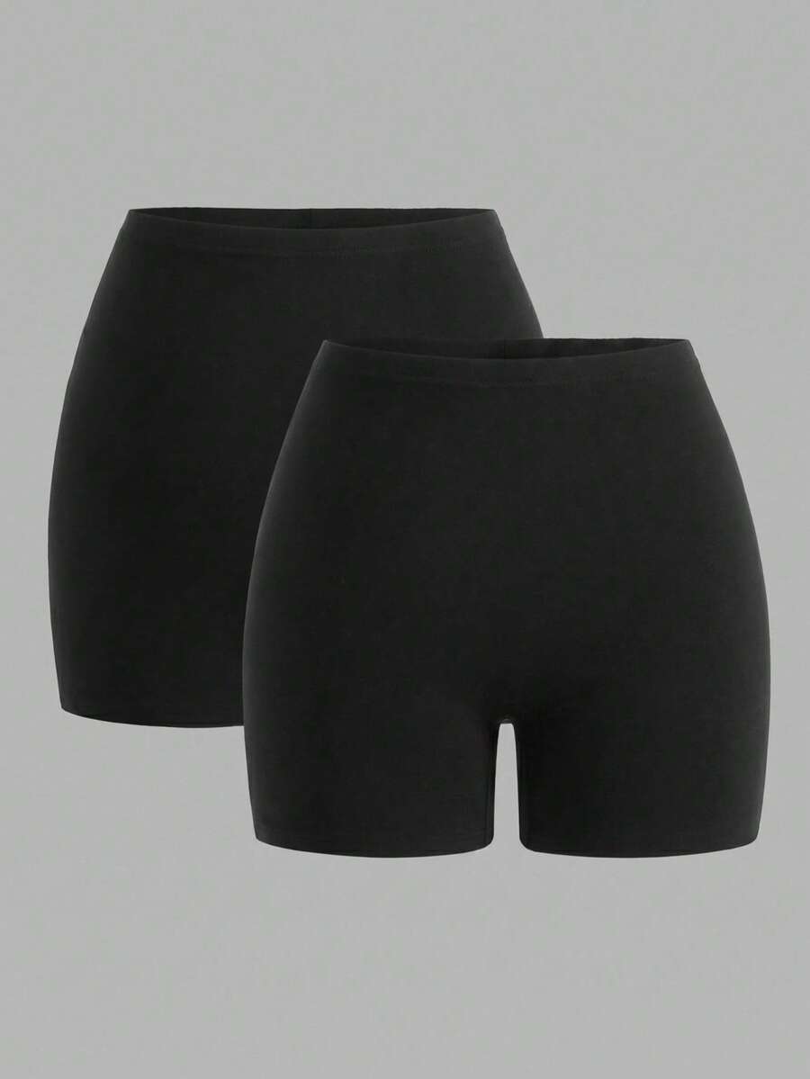 SHEIN EZwear 大码女式休闲运动日常通勤纯色高腰骑行短裤 - 黑色 - 查看 1