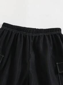 Mirajuku 2pcs Kaos Pullover Leher Bulat Timbul 3D Premium Sederhana untuk Anak Laki-laki dengan Celana Pendek Lurus Longgar Tenun, Desain Jahitan Kontras, Potongan Modis, Kain Nyaman, Cocok untuk Musim Semi, Musim Panas dan Musim Gugur, Serbaguna untuk Berbagai Acara - Hitam - View 5