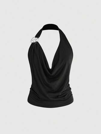 Damen Goth Pentagramm Metall Tank Top, sexy Neckholder All-Match vielseitiges Top für Frühling und Sommer