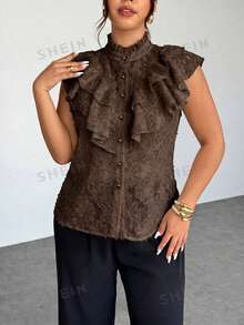 Firerie Camisa de moda de talla grande para mujer con parches y volantes de un solo botonadura - Marrón - Ver 4