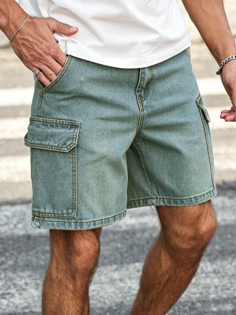 Manfinity Homme 男士翻蓋口袋鈕扣拉鍊直筒夏季工裝牛仔短褲,城市度假街頭風 - 藍色 - 查看 1