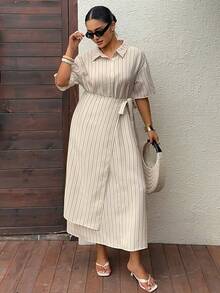 Dazy Plus Plus Size Loose Striped Patchwork Cinched Waist Drawstring Cinched Design Short Sleeve Shirt Dress Casual Women Spring Summer Mid-Length Dress - Apricot - View 2