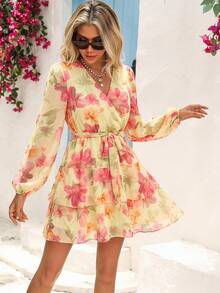 Vivid Eden Women's Floral Print Drawstring A-Line Mini Dress - Yellow - View 5