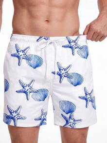 Manfinity KASUA Men's Summer Vacation Style Starfish & Shell Print Drawstring Waist Slant Pocket Loose Beach Shorts - Blue and White - View 5