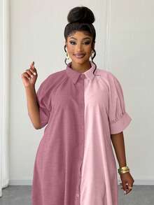 Maweii Vestido de Talla Grande con Diseño de Bloques de Color, Bajo con Cordón, Cuello Solapa y Mangas Linterna - Rosa - Ver 5