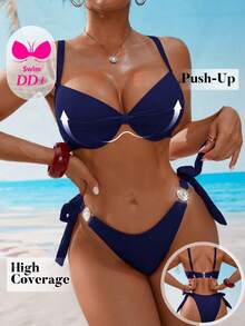 Voyashape Women's Summer Beach Party Solid Color Bikini And Triangle Bottom Two-Piece Swimsuit Set Navy Blue Elegant Sexy - Navy Blue - View 1